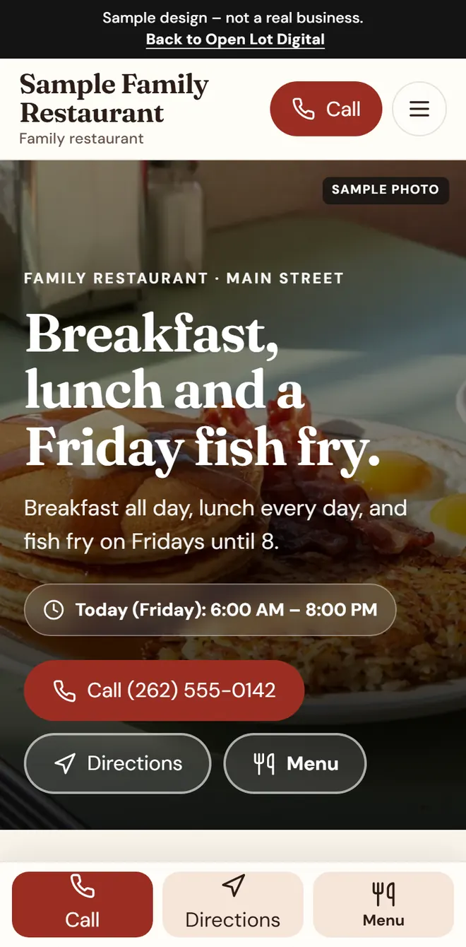 After: the Sample Family Restaurant site made for phones, with today’s hours, a Call button and the menu one tap away. Sample design, not a real business.