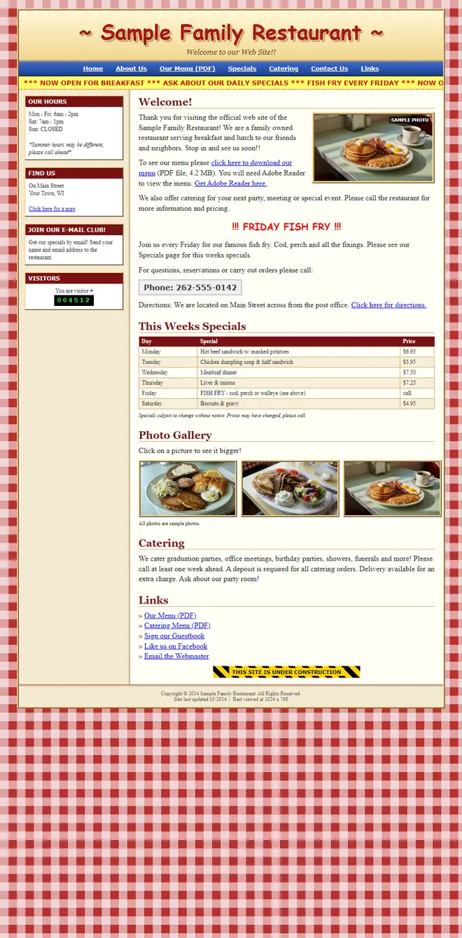 Before: an outdated restaurant website shrunk onto a phone screen, with tiny text and no buttons. Sample design, not a real business.