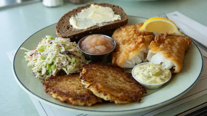 Sample photo: fried cod with coleslaw, rye bread and potato pancakes