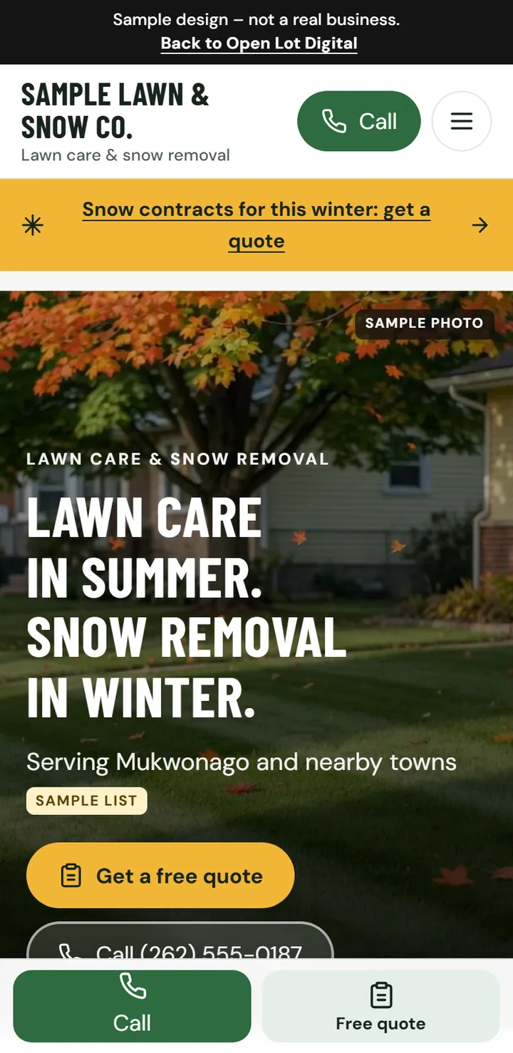 Phone screen of the Sample Lawn & Snow Co. home page. Sample design, not a real business.
