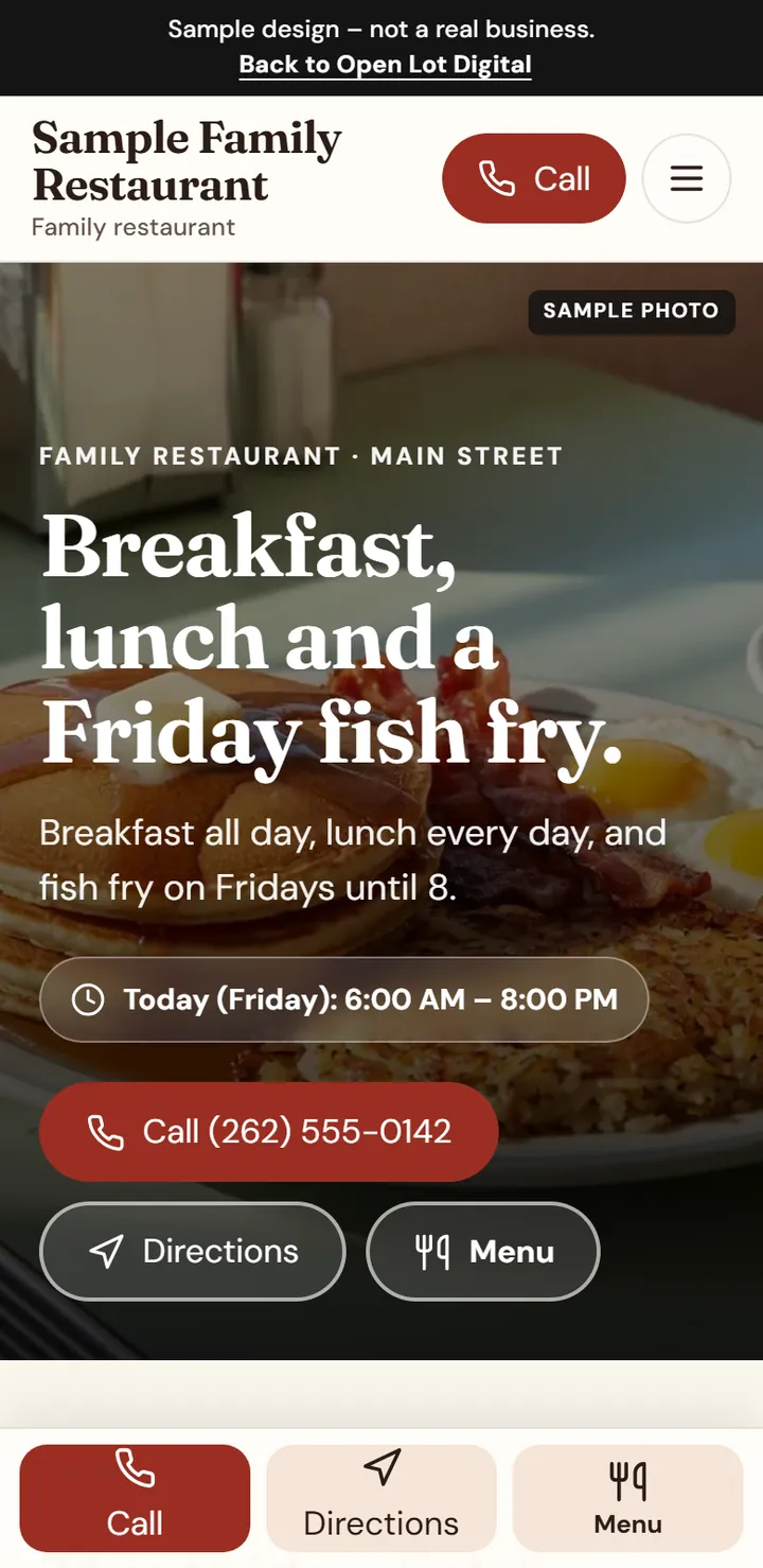 Phone screen of the Sample Family Restaurant home page. Sample design, not a real business.