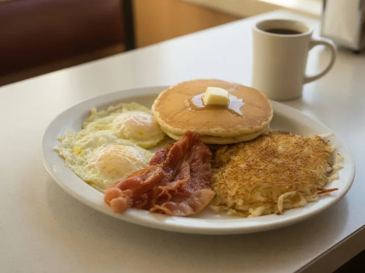 AI-made sample, after: a breakfast plate of eggs, bacon, hash browns and pancakes, level, in soft window light on a clean counter.