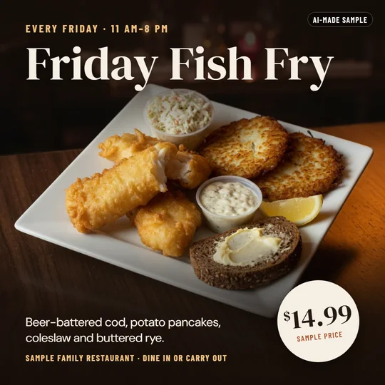 AI-made sample social post: a fish fry plate on a dark wood table. Text: Every Friday, 11 AM to 8 PM. Friday Fish Fry. Beer-battered cod, potato pancakes, coleslaw and buttered rye. Sample Family Restaurant, dine in or carry out. A made-up price, marked Sample price.