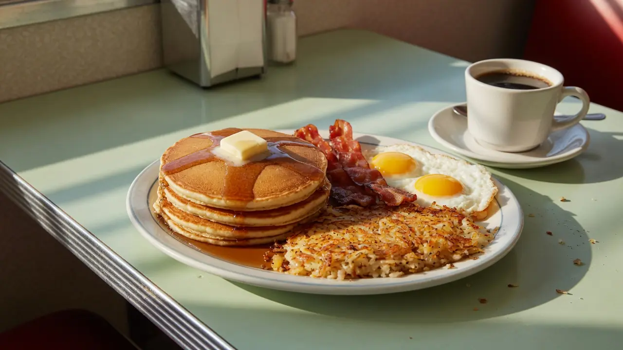 Sample photo: pancakes, eggs, bacon and hash browns with coffee