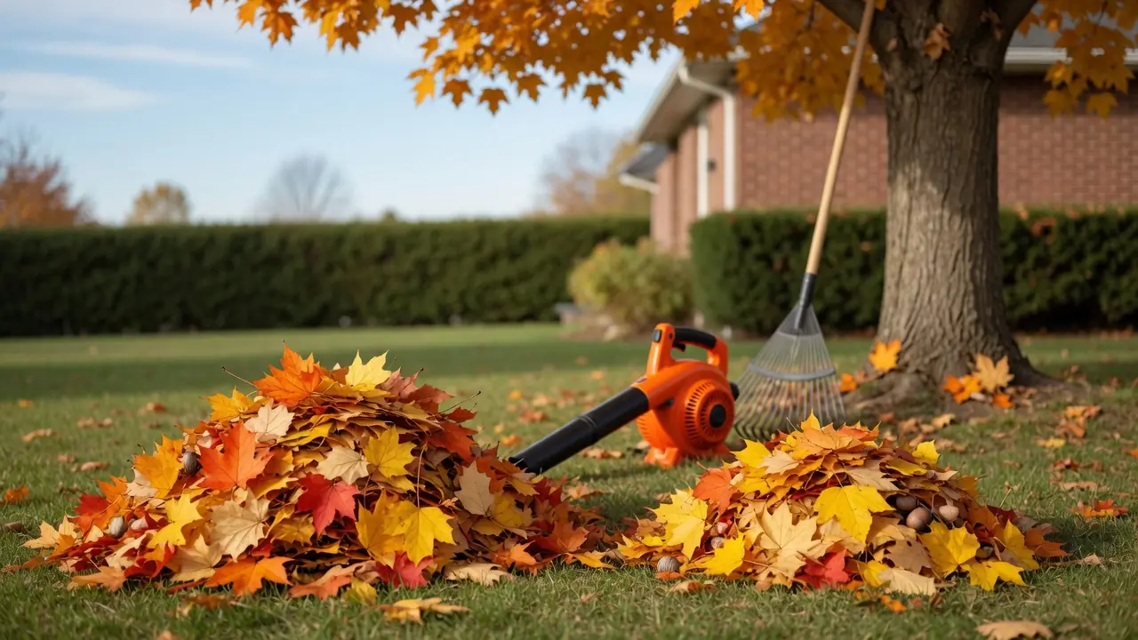 Sample photo: raked leaf piles in a yard