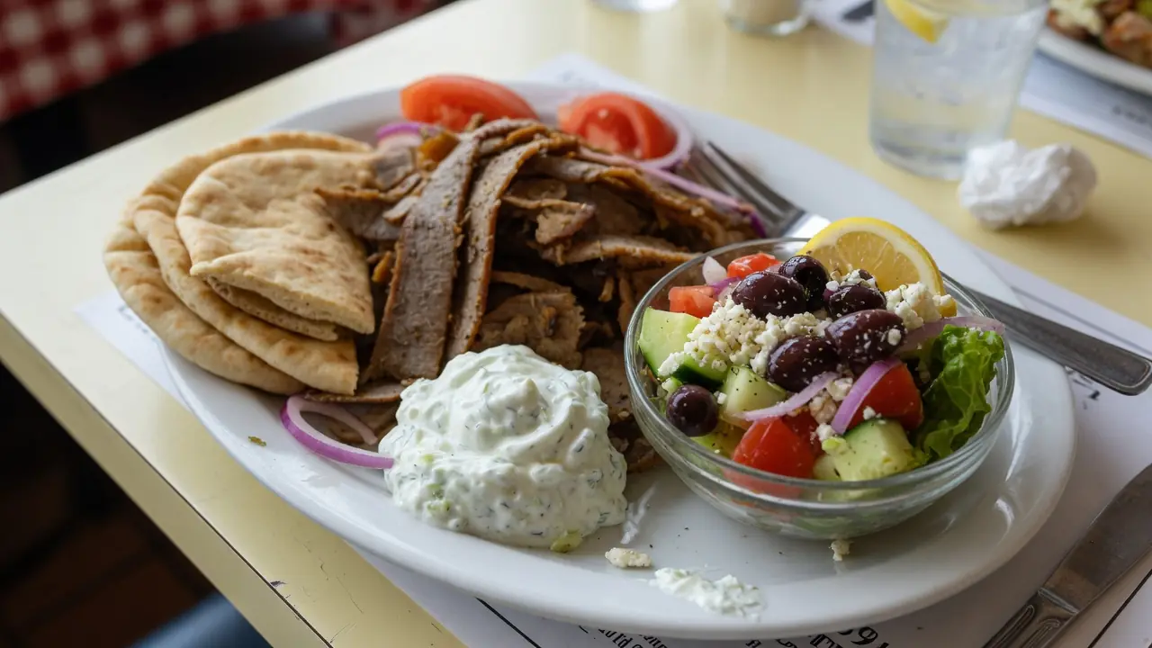 Sample photo: gyro platter with pita, tzatziki and Greek salad