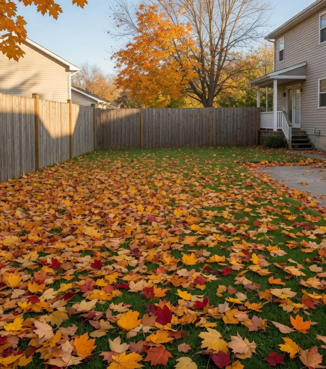 Sample photo: backyard lawn covered in fallen leaves