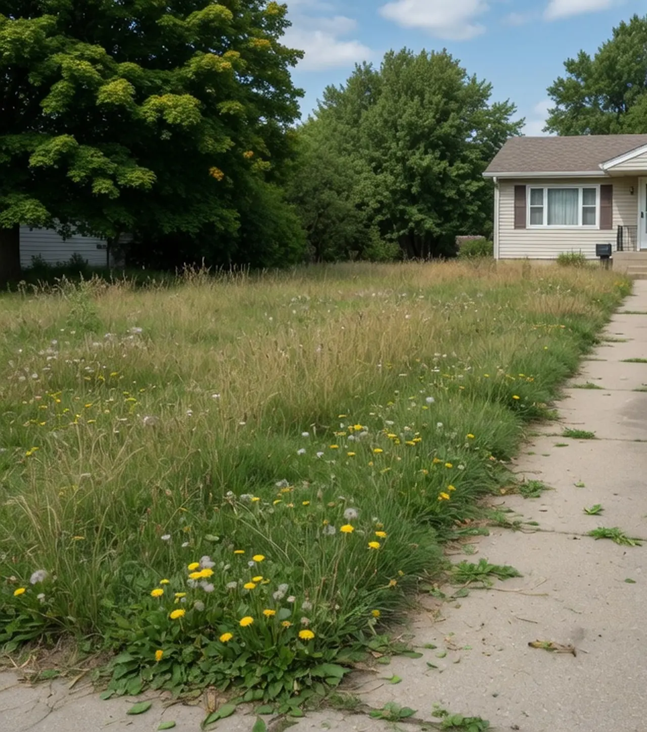 Sample photo: overgrown front lawn with dandelions